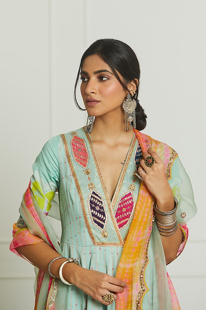 Dreamy Blue Crepe Printed & Hand Embroidered Wedding Anarkali Set by Raji ramniq at Pernia's Pop Up Shop