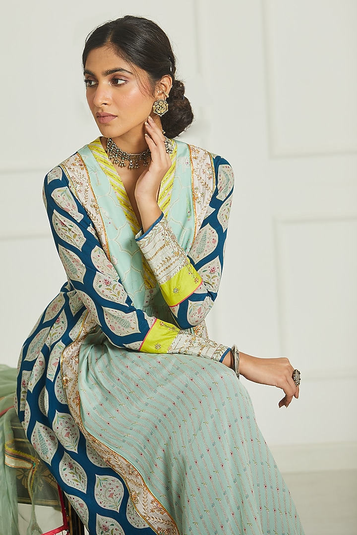 Teal Blue & Powder Blue Crepe Printed & Hand Embroidered Kurta Set by Raji ramniq at Pernia's Pop Up Shop