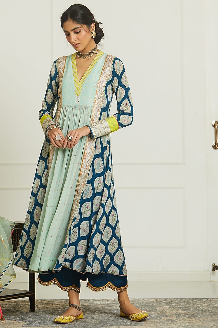 Teal Blue & Powder Blue Crepe Printed & Hand Embroidered Kurta Set by Raji ramniq at Pernia's Pop Up Shop