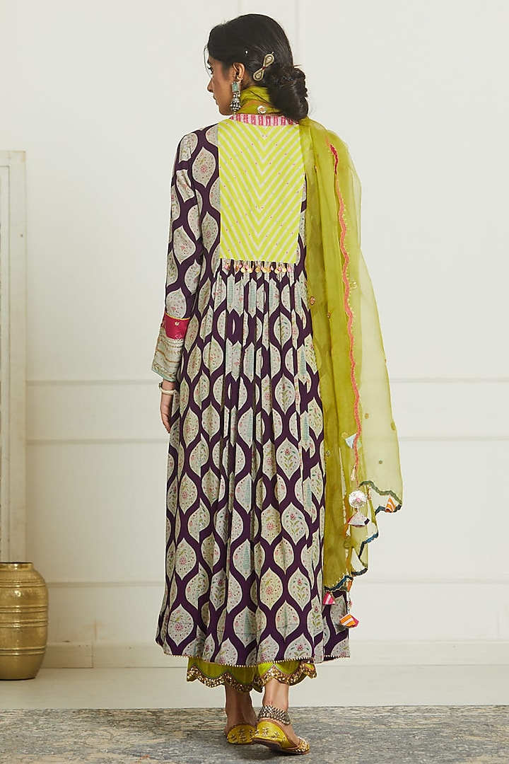 Purple & Bright Lime Crepe Printed & Hand Embroidered Kurta Set by Raji ramniq at Pernia's Pop Up Shop