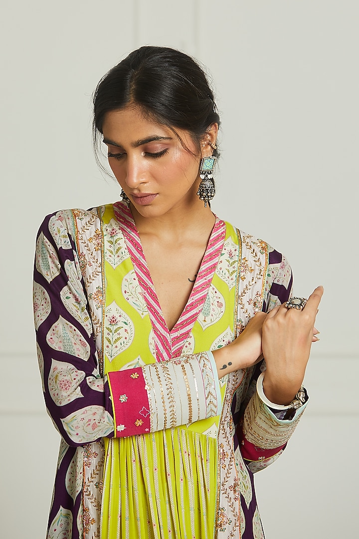 Purple & Bright Lime Crepe Printed & Hand Embroidered Kurta Set by Raji ramniq at Pernia's Pop Up Shop