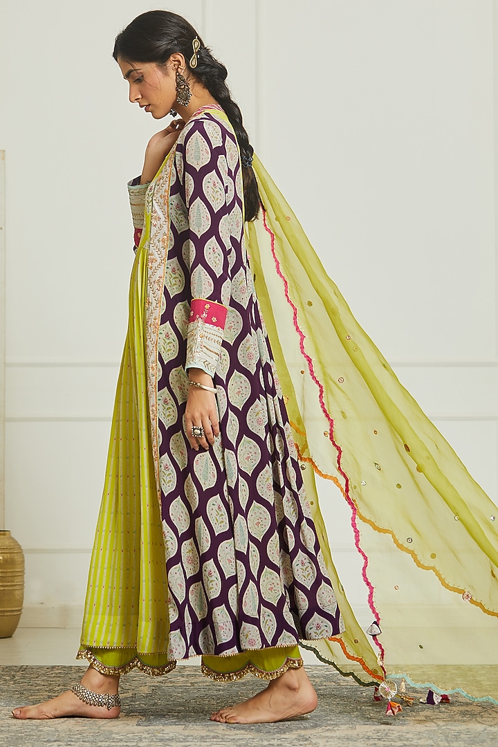 Purple & Bright Lime Crepe Printed & Hand Embroidered Kurta Set by Raji ramniq at Pernia's Pop Up Shop