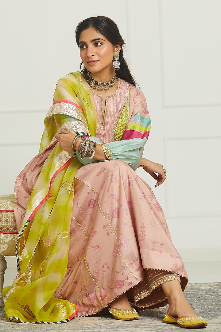 Nude Pink Silk Printed & Hand Embroidered Kurta Set by Raji ramniq at Pernia's Pop Up Shop