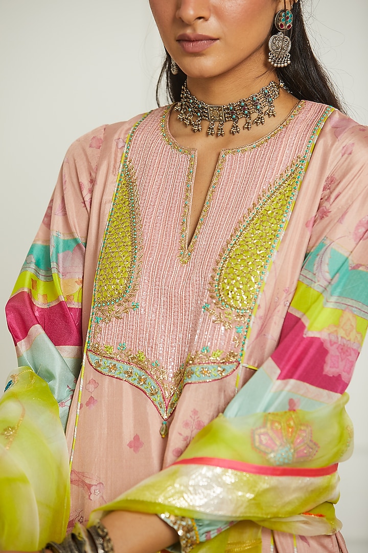Nude Pink Silk Printed & Hand Embroidered Kurta Set by Raji ramniq at Pernia's Pop Up Shop