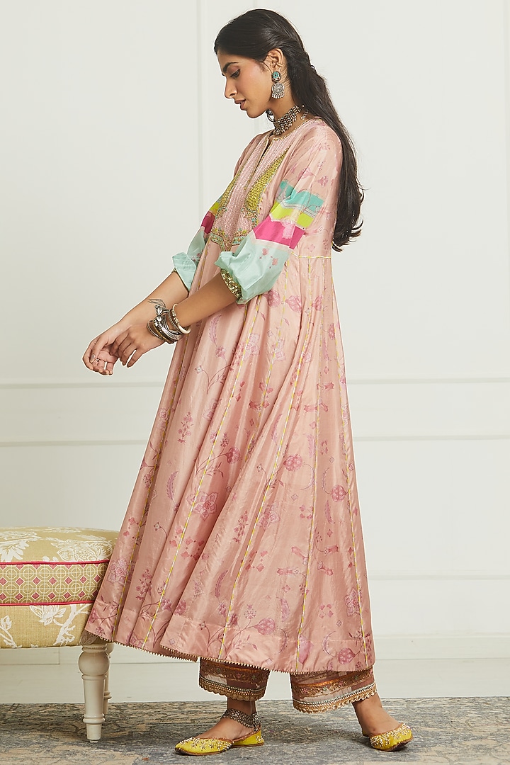 Nude Pink Silk Printed & Hand Embroidered Kurta Set by Raji ramniq at Pernia's Pop Up Shop