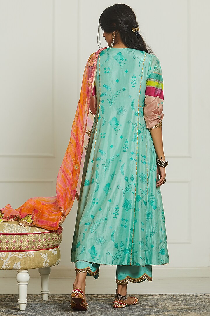 Sea Green Silk Printed & Hand Embroidered Kurta Set by Raji ramniq at Pernia's Pop Up Shop