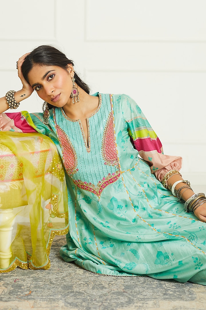 Sea Green Silk Printed & Hand Embroidered Kurta Set by Raji ramniq at Pernia's Pop Up Shop