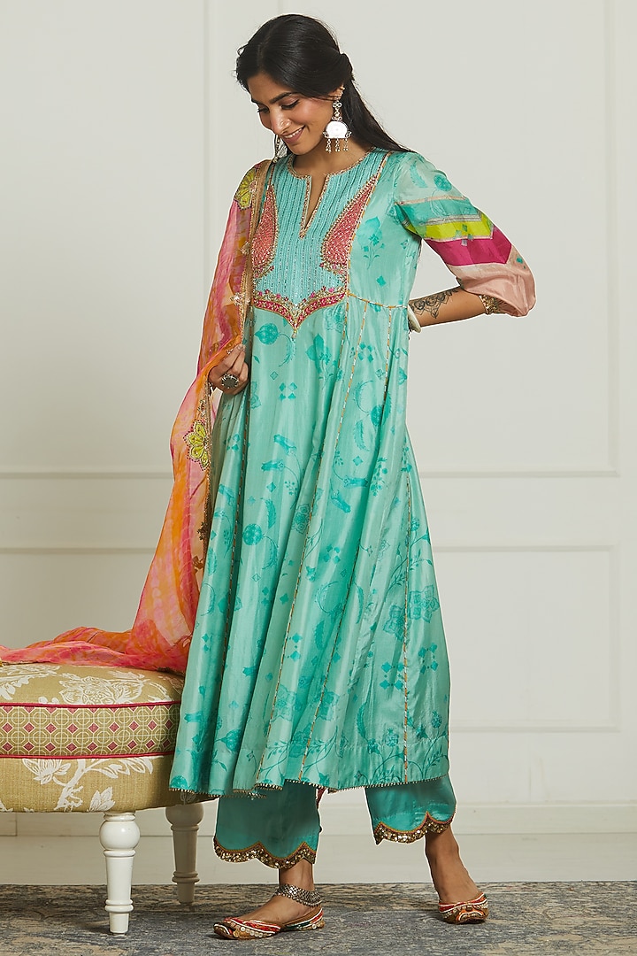 Sea Green Silk Printed & Hand Embroidered Kurta Set by Raji ramniq at Pernia's Pop Up Shop