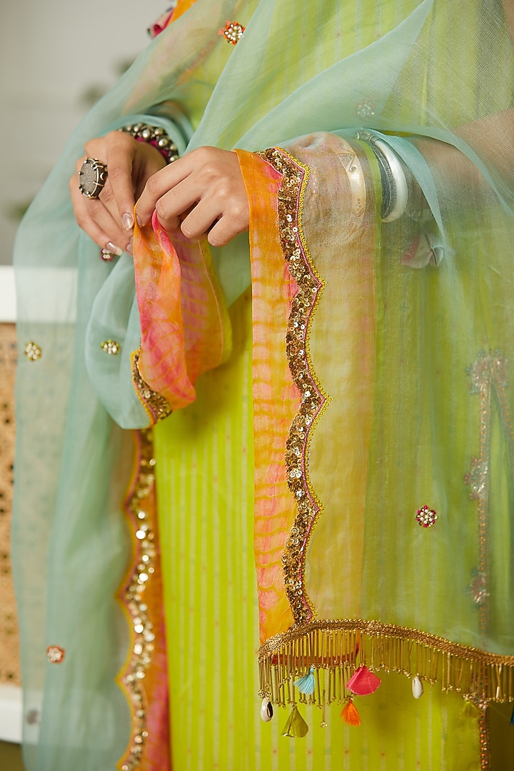 Bright Lime Organza Hand Embroidered Kurta Set by Raji ramniq at Pernia's Pop Up Shop