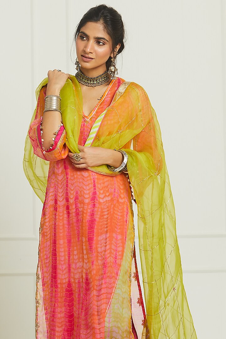 Fuschia & Orange Organza Hand Embroidered Kurta Set by Raji ramniq at Pernia's Pop Up Shop
