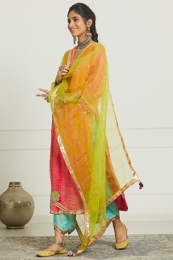 Fuschia & Orange Organza Hand Embroidered Kurta Set by Raji ramniq at Pernia's Pop Up Shop
