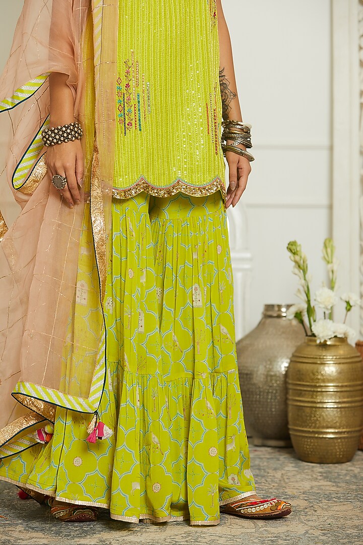 Bright Lime Silk Hand Embroidered Kurta Set by Raji ramniq at Pernia's Pop Up Shop