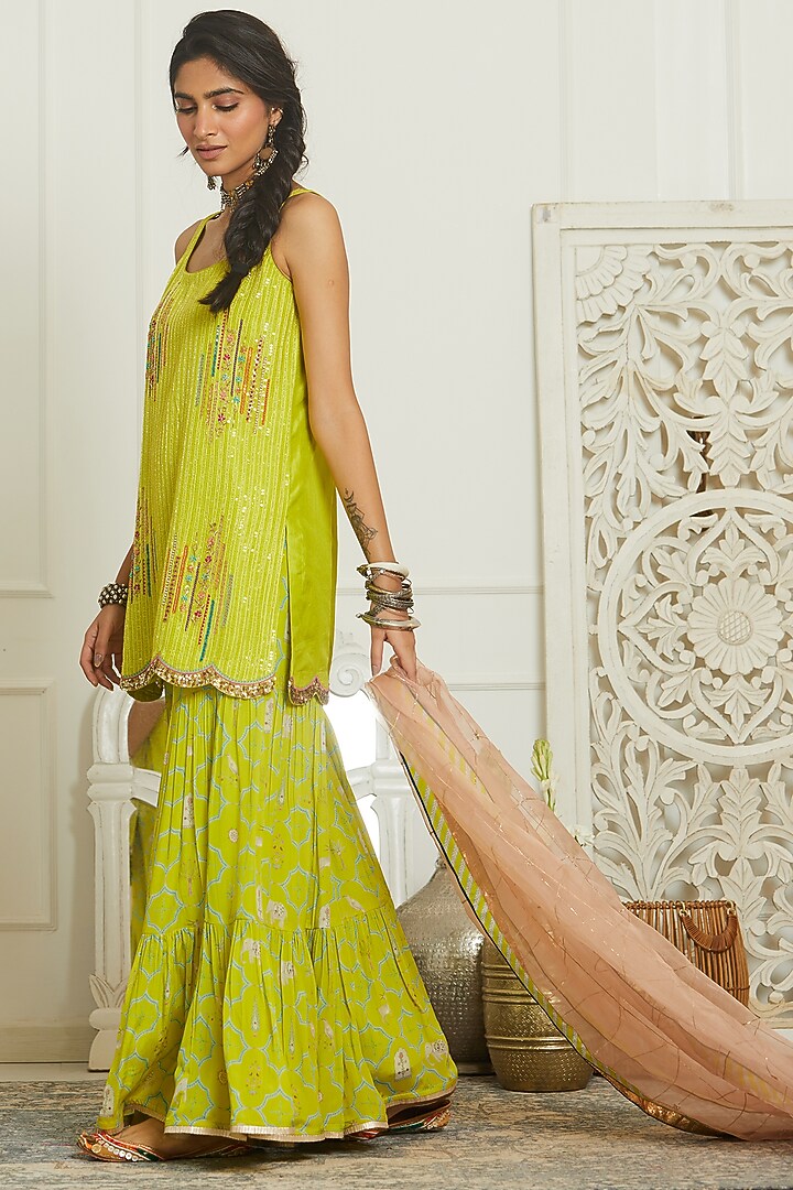 Bright Lime Silk Hand Embroidered Kurta Set by Raji ramniq at Pernia's Pop Up Shop