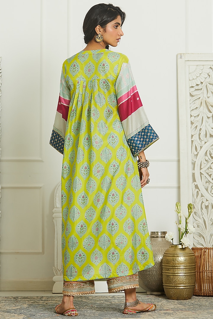 Lime Silk Hand Embroidered Kurta Set by Raji ramniq at Pernia's Pop Up Shop
