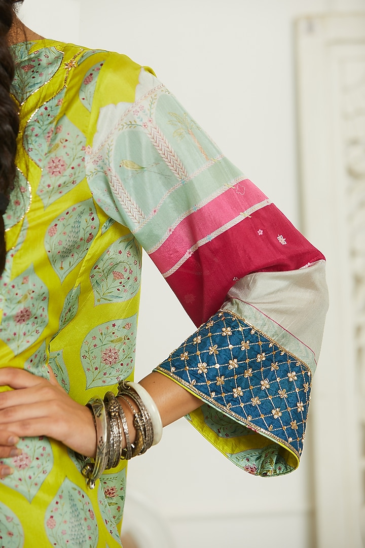 Lime Silk Hand Embroidered Kurta Set by Raji ramniq at Pernia's Pop Up Shop