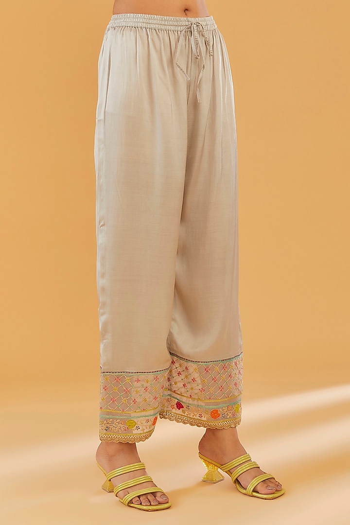 Grey Cotton Silk & Modal Embroidered A-Line Kurta Set by Raji Ramniq at Pernia's Pop Up Shop