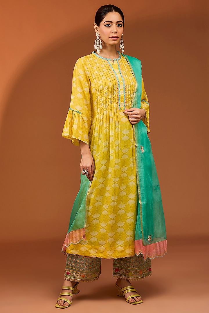 Yellow Cotton Silk Printed & Hand Embroidered Pintuck Kurta Set by Raji ramniq