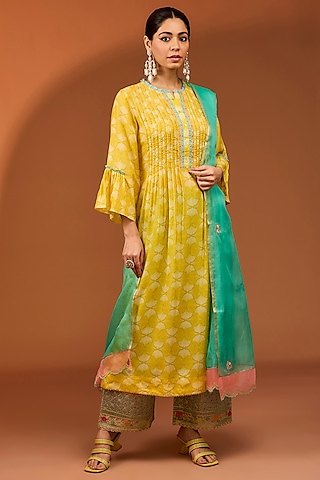Yellow Cotton Silk Printed & Hand Embroidered Pintuck Kurta Set by Raji ramniq