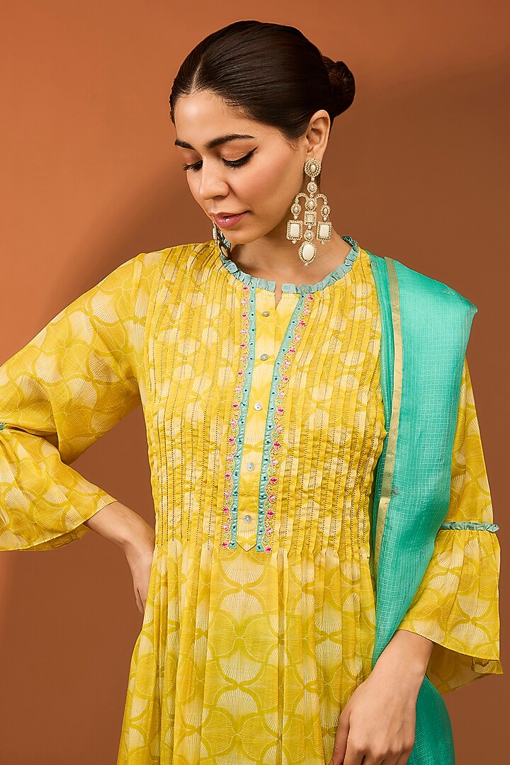 Yellow Cotton Silk Printed & Hand Embroidered Pintuck Kurta Set by Raji ramniq at Pernia's Pop Up Shop