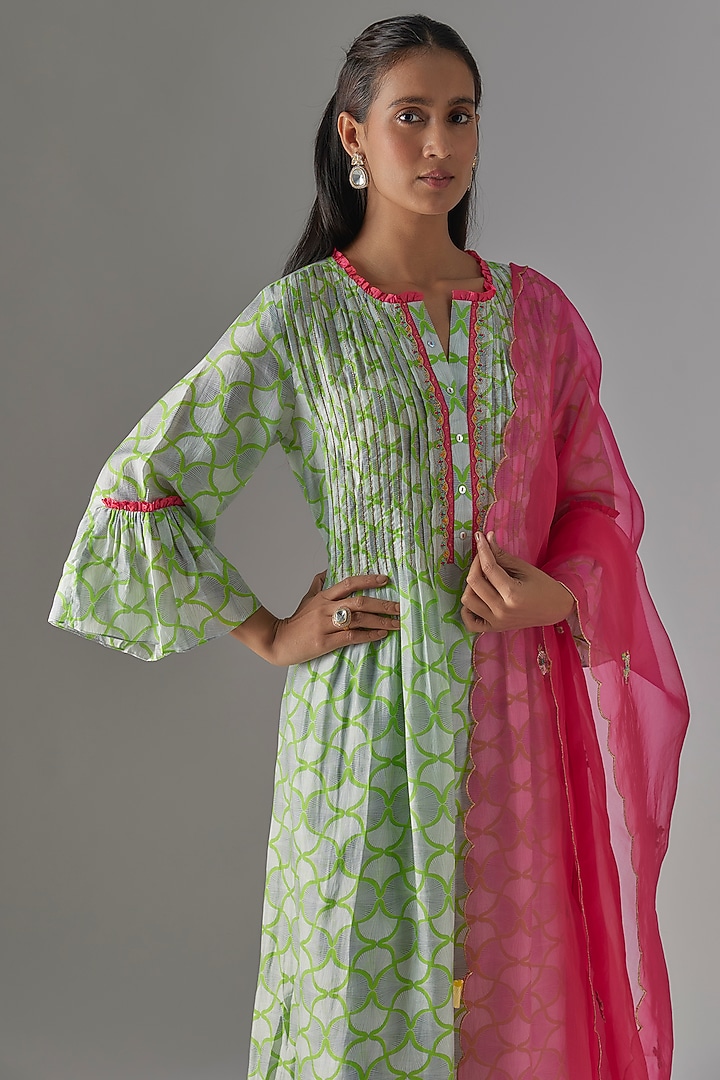 Green Cotton Silk & Organza Hand Work Kurta Set by Raji Ramniq at Pernia's Pop Up Shop