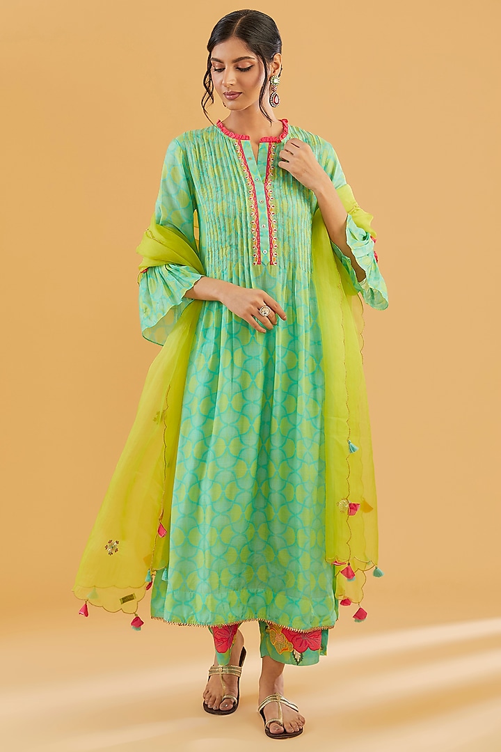 Sea Green Cotton Silk Printed Kurta Set by Raji Ramniq