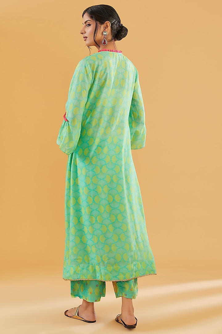Sea Green Cotton Silk Printed Kurta Set by Raji Ramniq at Pernia's Pop Up Shop