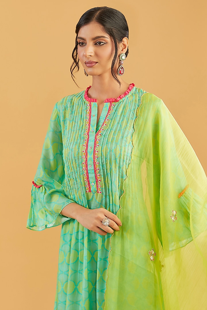 Sea Green Cotton Silk Printed Kurta Set by Raji Ramniq at Pernia's Pop Up Shop