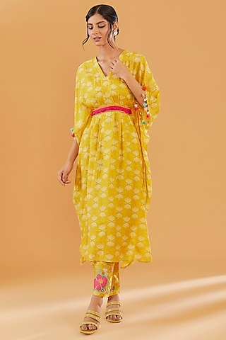Yellow Cotton Silk Printed Kaftan Set by Raji Ramniq