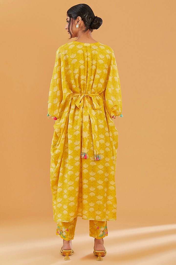 Yellow Cotton Silk Printed Kaftan Set by Raji Ramniq at Pernia's Pop Up Shop