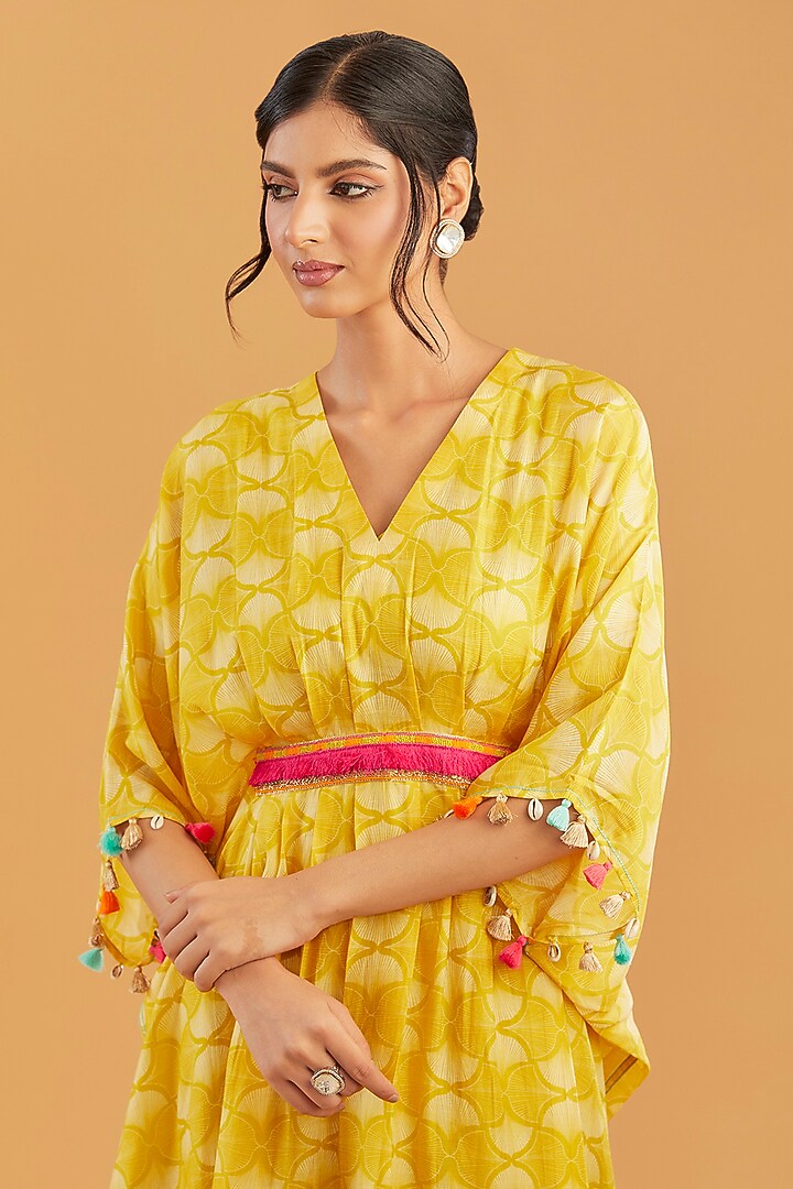 Yellow Cotton Silk Printed Kaftan Set by Raji Ramniq at Pernia's Pop Up Shop