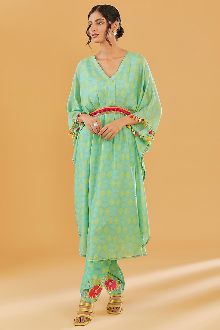 Sea Green Cotton Silk Printed Kaftan Set by Raji Ramniq at Pernia's Pop Up Shop