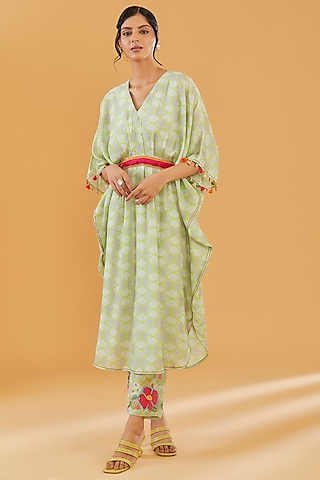 Grey Cotton Silk Printed Kaftan Set by Raji Ramniq