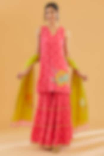 Magenta Cotton Silk Printed Tiered Gharara Set by Raji Ramniq at Pernia's Pop Up Shop