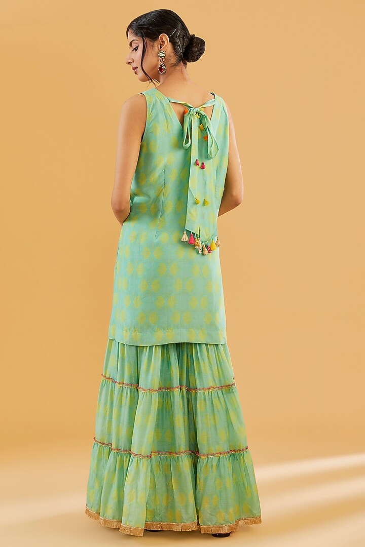 Sea Green Cotton Silk Printed Tiered Gharara Set by Raji Ramniq at Pernia's Pop Up Shop