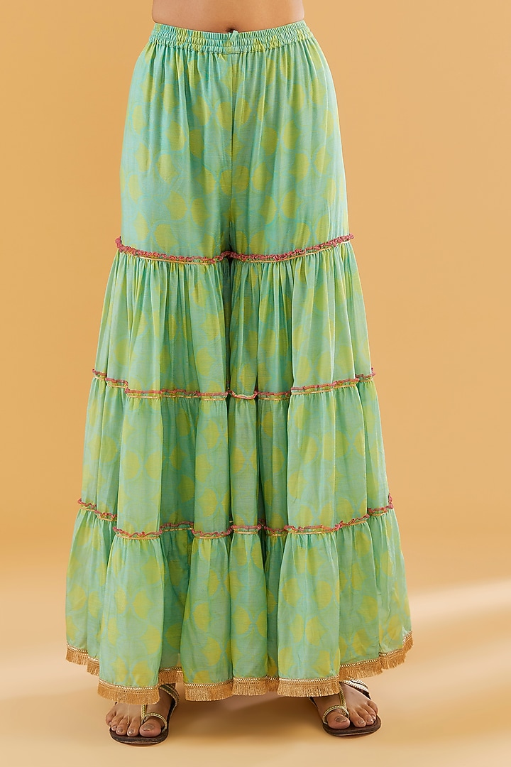 Sea Green Cotton Silk Printed Tiered Gharara Set by Raji Ramniq at Pernia's Pop Up Shop