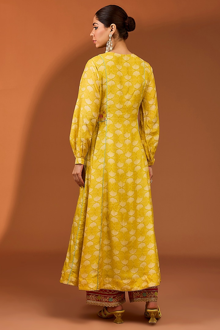 Yellow Cotton Silk Printed & Hand Embroidered Kalidar Kurta Set by Raji ramniq at Pernia's Pop Up Shop