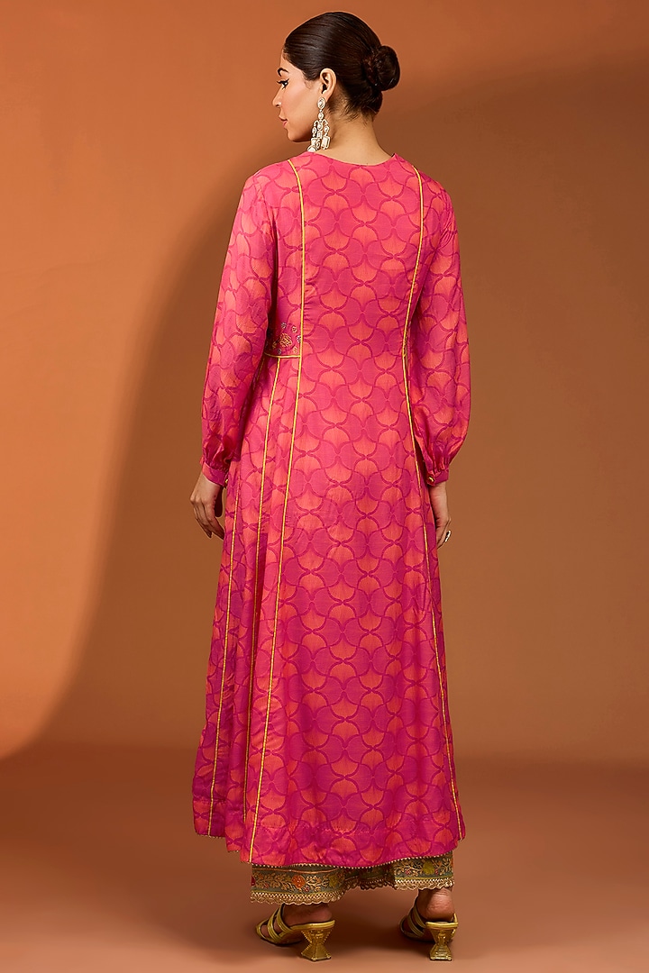 Magenta Cotton Silk Printed & Hand Embroidered Kalidar Kurta Set by Raji ramniq at Pernia's Pop Up Shop