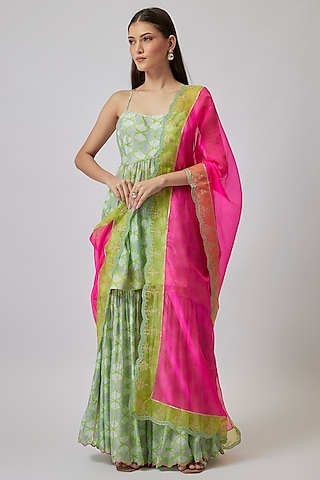 Grey Cotton Silk Geometric Printed Gharara Set by Raji Ramniq