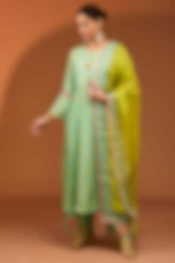 Sea Green Cotton Silk Printed & Hand Embroidered A-line Kurta Set by Raji ramniq