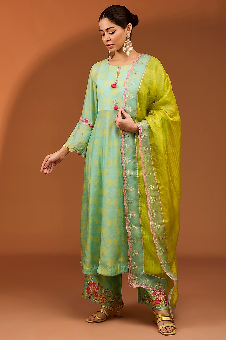 Sea Green Cotton Silk Printed & Hand Embroidered A-line Kurta Set by Raji ramniq