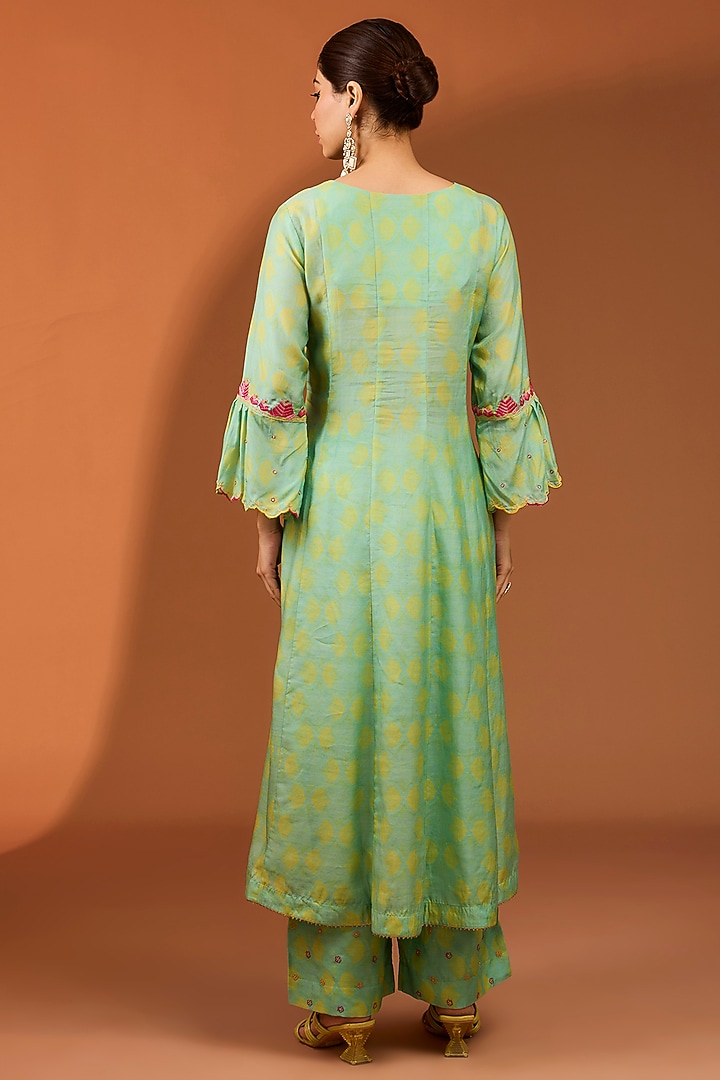 Sea Green Cotton Silk Printed & Hand Embroidered A-line Kurta Set by Raji ramniq at Pernia's Pop Up Shop