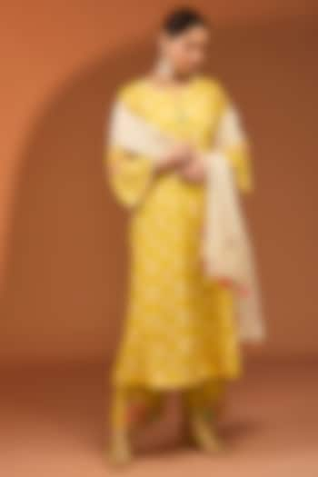 Yellow Cotton Silk Printed & Hand Embroidered A-line Kurta Set by Raji ramniq at Pernia's Pop Up Shop