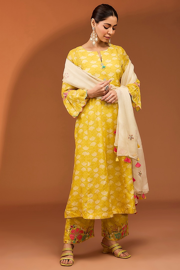 Yellow Cotton Silk Printed & Hand Embroidered A-line Kurta Set by Raji ramniq at Pernia's Pop Up Shop