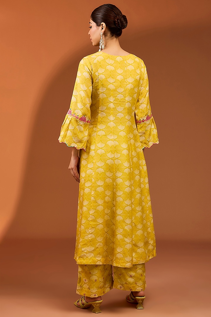 Yellow Cotton Silk Printed & Hand Embroidered A-line Kurta Set by Raji ramniq at Pernia's Pop Up Shop