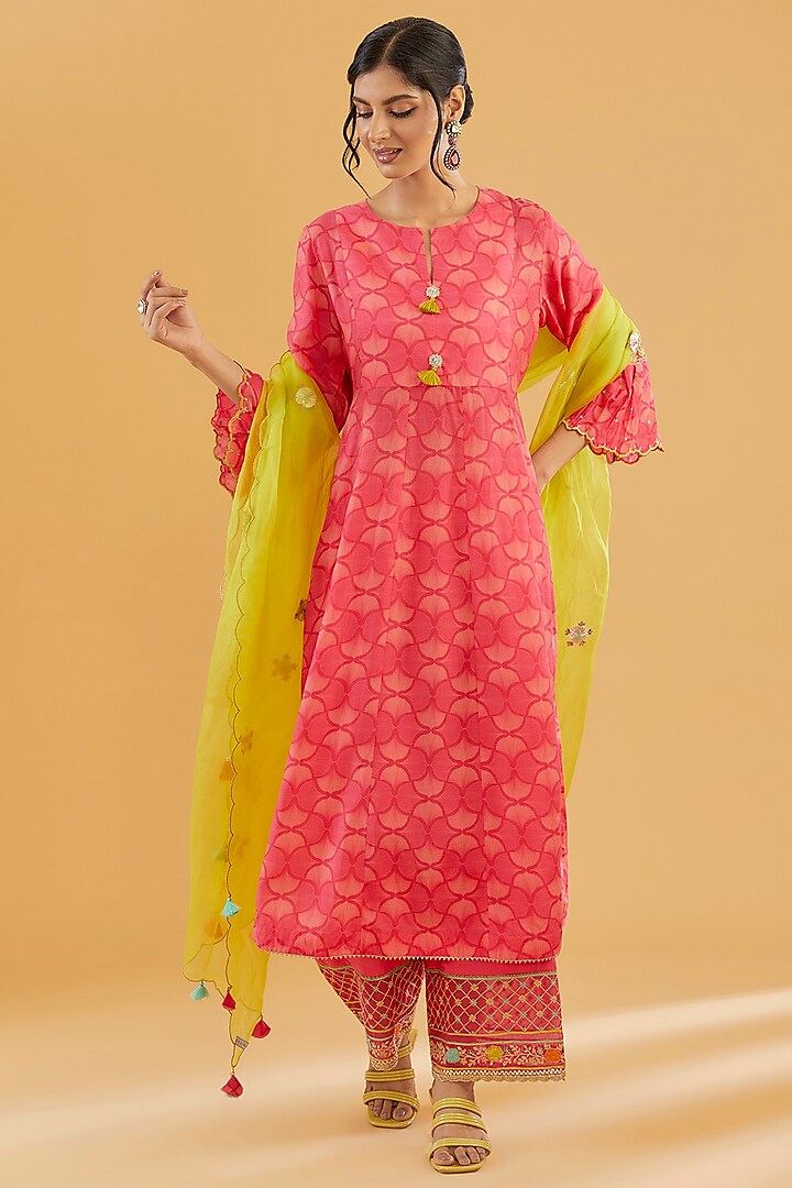 Magenta Cotton Silk A-Line Kurta Set by Raji Ramniq