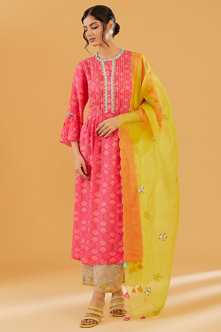 Magenta Cotton Silk Printed & Embroidered Kurta Set by Raji Ramniq