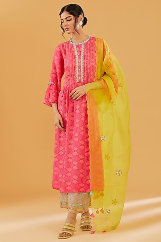 Magenta Cotton Silk Printed & Embroidered Kurta Set by Raji Ramniq