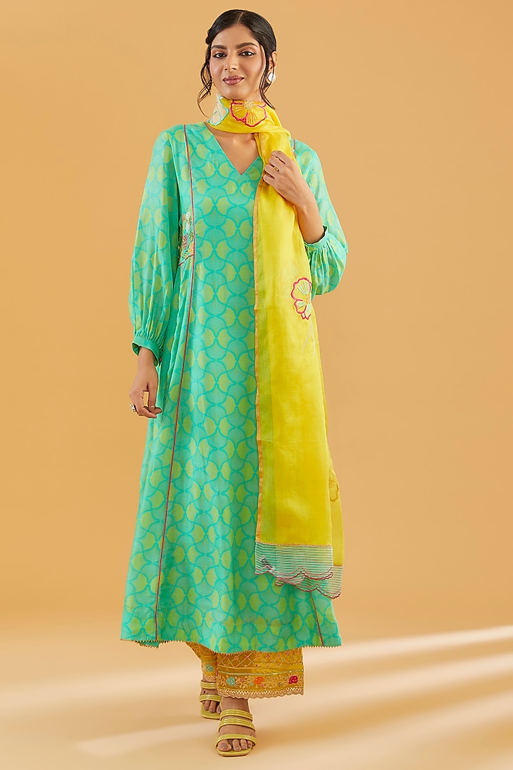 Sea Green Cotton Silk Printed & Embroidered Kurta Set by Raji Ramniq