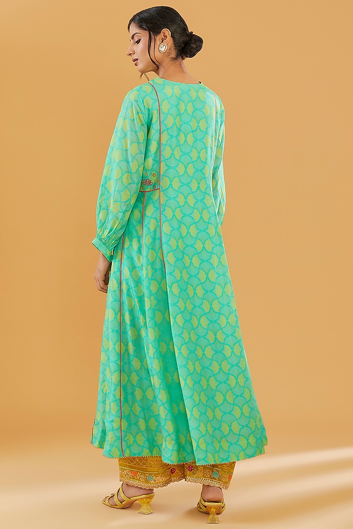 Sea Green Cotton Silk Printed & Embroidered Kurta Set by Raji Ramniq at Pernia's Pop Up Shop