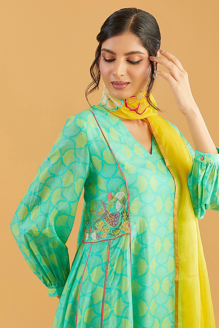 Sea Green Cotton Silk Printed & Embroidered Kurta Set by Raji Ramniq at Pernia's Pop Up Shop